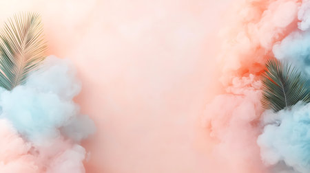 Tropical palm leaves and clouds on pastel pink background. 3d renderingの写真素材