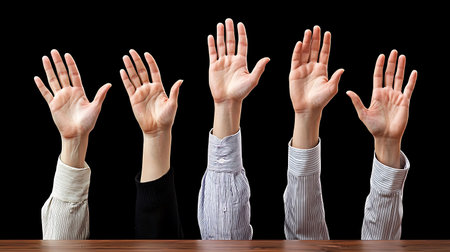 Group of business people hands showing five fingers isolated on black background.