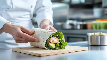 cropped view of female chef taking wrap from cutting boardの写真素材