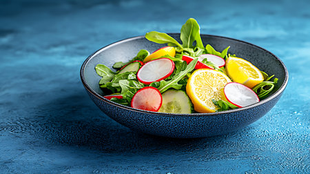 Salad with arugula, radish and lemon in a bowl on a blue backgroundの写真素材