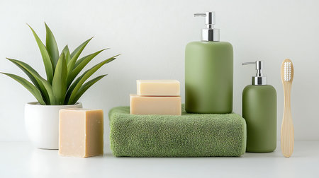 Spa composition with soap, shampoo, towel and green plant on white background