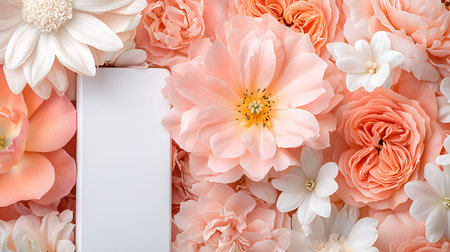 Creative layout made of flowers. Flat lay, top view, copy space