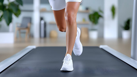 Close-up of legs of young woman running on treadmill at home