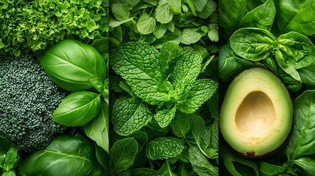 Collage of different fresh herbs and vegetables. Healthy eating concept.の写真素材