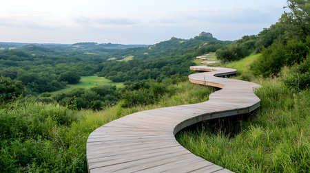 Wooden walkway on the hill with green grass and blue sky