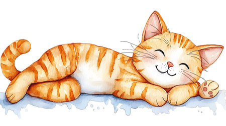 Cute ginger cat lying on the snow. Watercolor illustration.の写真素材
