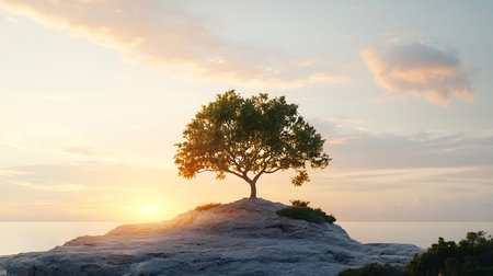 Lonely tree on the rock at sunset. Nature composition.