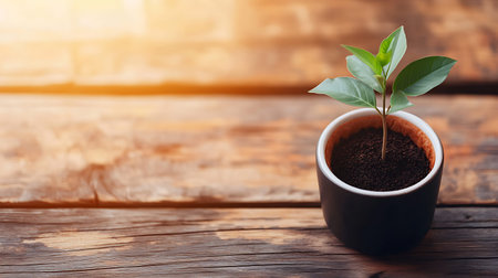 Small green plant in a pot on a wooden background with copy space