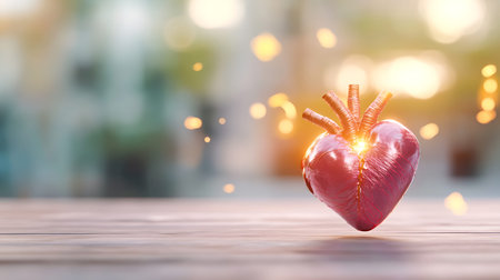 Heart and love on wooden table with bokeh light background.
