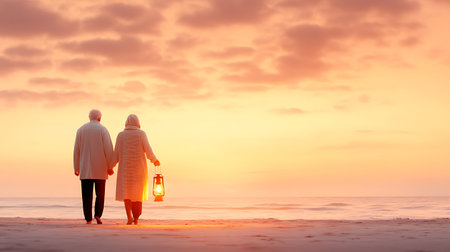 Senior couple walking on the beach at sunset with lantern in their handsの写真素材