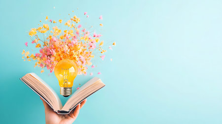Hand holding opened book with lightbulb and flying flowers on blue background