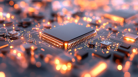Abstract closeup view of a modern GPU card circuit with glowing lights 3D rendering
