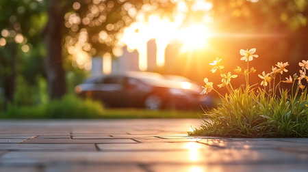 Flower in the garden at sunset with car on the background.の写真素材