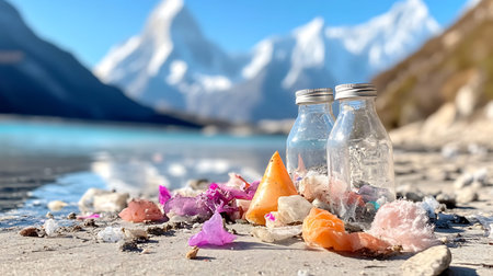 Bottles of mineral water on stony beach with mountains in background