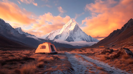 Tourist tent in the mountains at sunset, Cordillera Blanca, Peru
