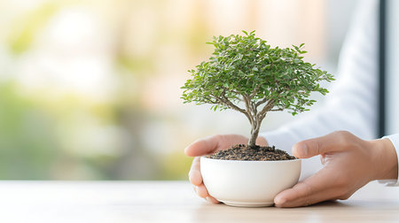 Hand holding a small bonsai tree in a white pot.
