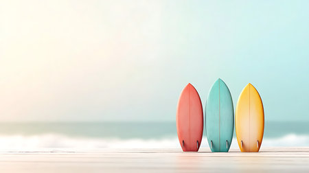 Three colorful surfboards on wooden deck with sea background. 3d renderingの写真素材