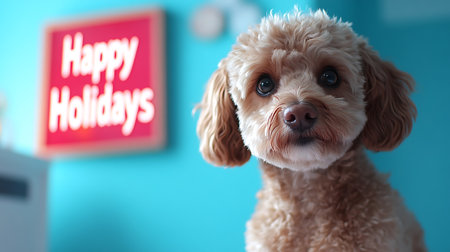 Cute little dog with Happy Holidays text on blue wall backgroundの写真素材