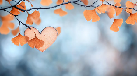 Ginkgo leaves with heart shape on blue bokeh background