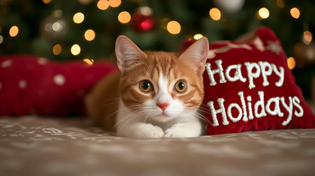 Cute ginger cat lying in front of a Christmas tree with a red pillowの写真素材