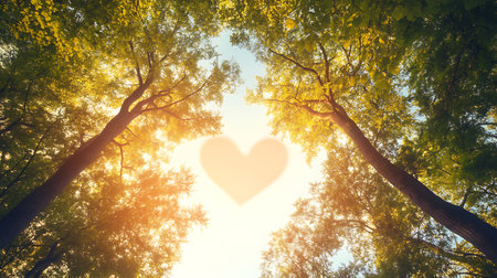 Heart shape in the forest with lens flare filter effect retro vintage styleの写真素材