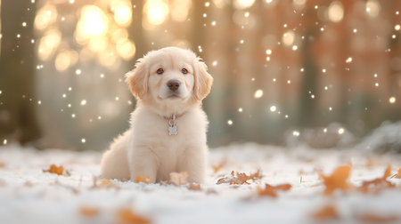 Cute golden retriever puppy in the park at winter day.の写真素材