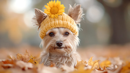 Yorkshire Terrier in a knitted hat on the background of autumn leaves
