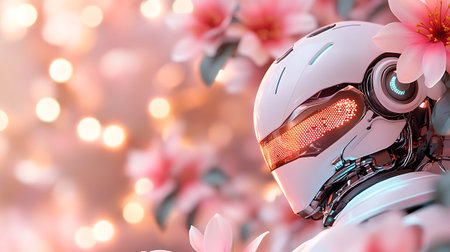 Cyborg helmet with flower and bokeh background. 3d rendering.の写真素材