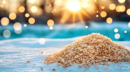 Pile of sand in the snow with bokeh background.の写真素材