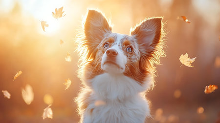 Portrait of a cute dog on a background of autumn leaves.の写真素材