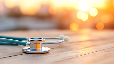 Stethoscope on wooden table with light bokeh background.の写真素材
