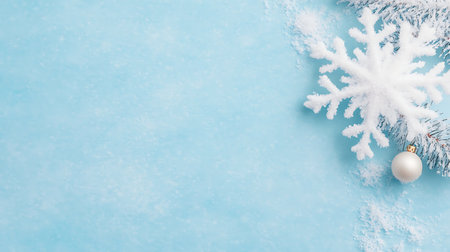 Christmas greeting card. Festive decoration on blue background. New Year concept. Copy space.  Flat lay. Top view.の写真素材