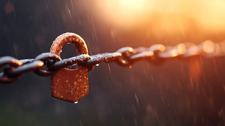 Close up of a chain with a padlock under the rain.
