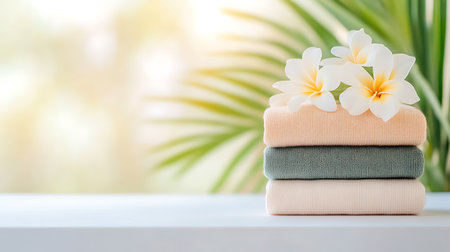 Stack of towels with frangipani flowers on white wooden tableの写真素材