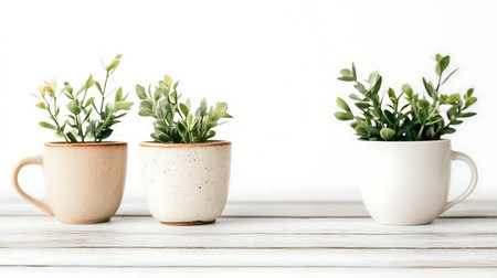Ceramic pots with green plants on white wooden table, space for textの写真素材
