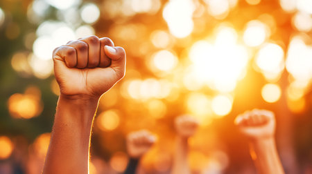 Close up of raised hands of a young man in the park.