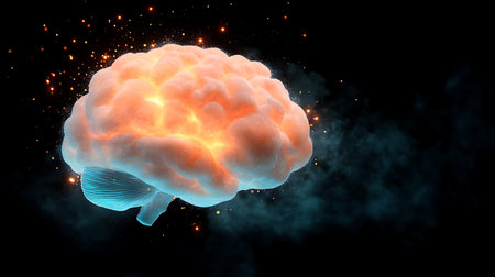 Human brain with fire and smoke on black background. 3D renderingの写真素材