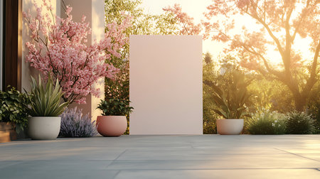 Mockup poster on the terrace with flowers. 3d renderの写真素材