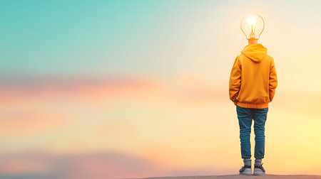 Back view of a boy in a yellow jacket with a light bulb on his head standing on the background of a sunset skyの写真素材