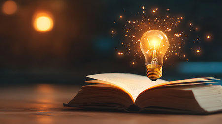 Glowing light bulb on open book, education and knowledge concept.の写真素材