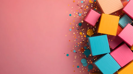 Colorful cubes and confetti on pink background with copy space.の写真素材