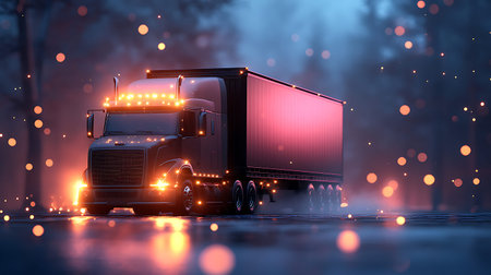 Truck on the road in the fog. 3d rendering.の写真素材