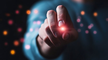 Woman on blurred background touching digital screen with her finger 3D renderingの写真素材