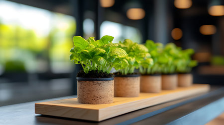 Fresh basil seedlings in small pots on wooden table in coffee shop