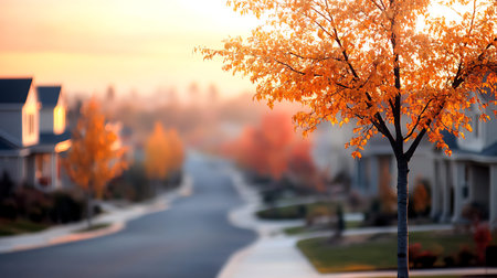 Autumn leaves on the background of the street and the houses.