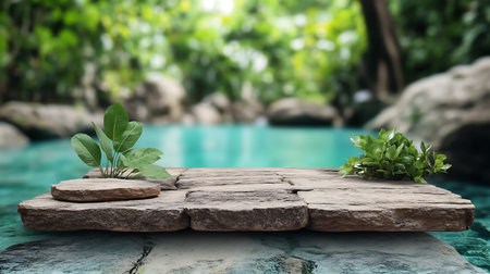 Stone table top with green plants and swimming pool in the backgroundの写真素材