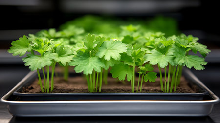 Coriander seedlings in a tray on a black background.の写真素材
