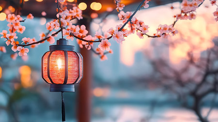 Lantern with sakura blossom background. Vintage style.の写真素材