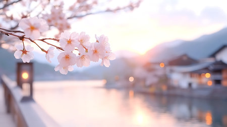 Cherry blossoms on the background of the lake in the eveningの写真素材