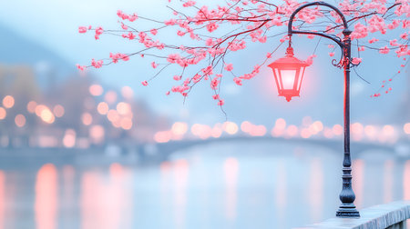 Beautiful blooming sakura tree and lantern on the bridge.の写真素材